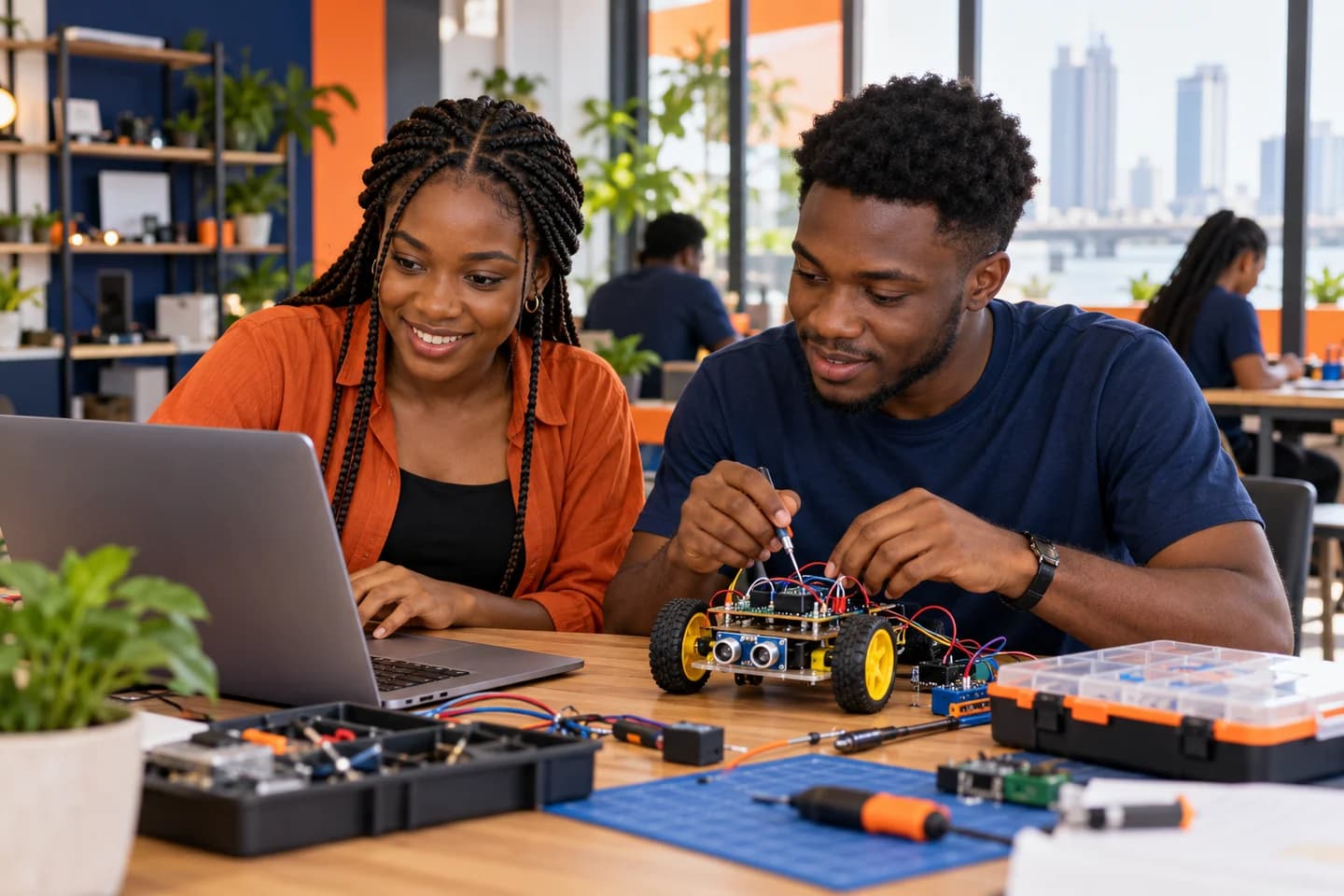 AI-generated scene of Nigerian learners building an electronics prototype