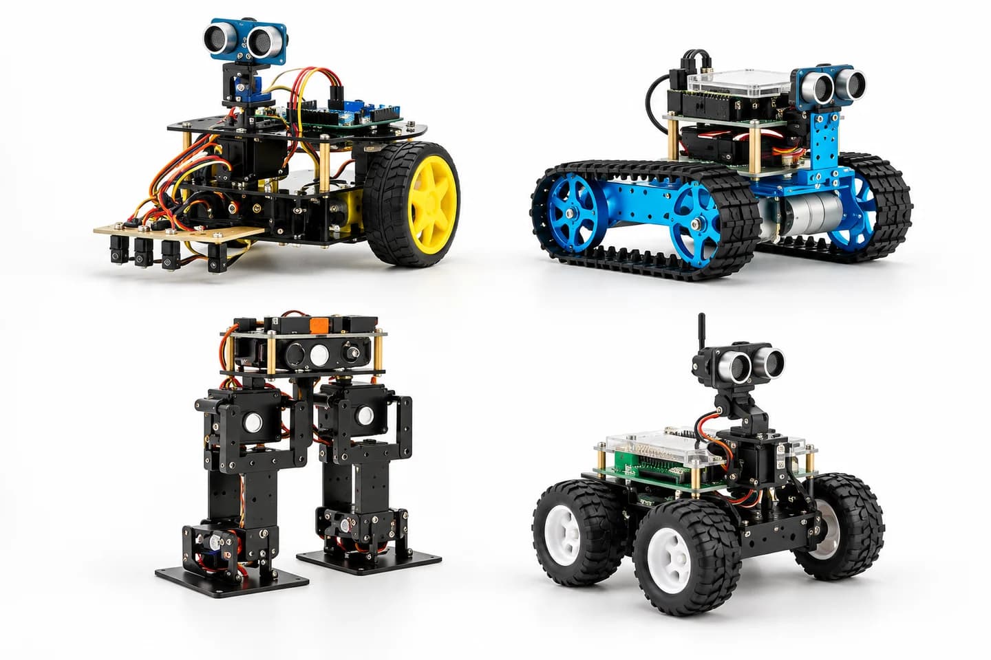 Illustrative collection of four educational robotics kits