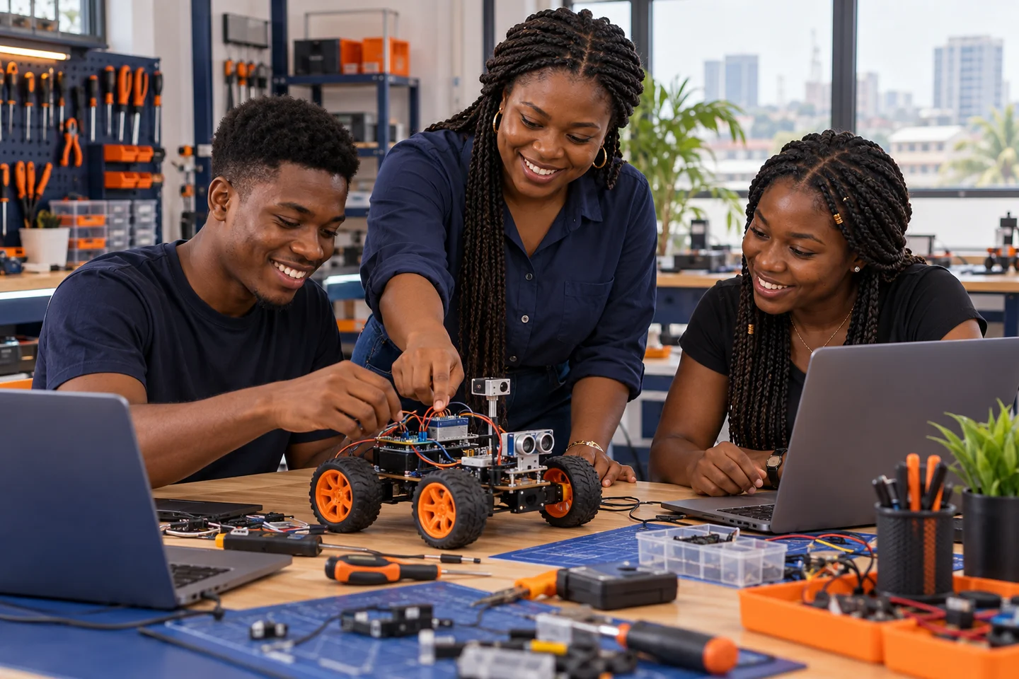 AI-generated scene of Nigerian makers learning robotics together